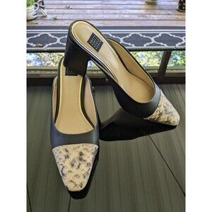 White House Black Market Shoes Womens 7.5 Black Beige Snake Print Leather Mules